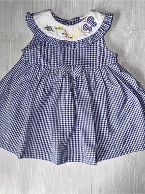 Vintage Blue Gingham Baby Dress with Embroidered Collar